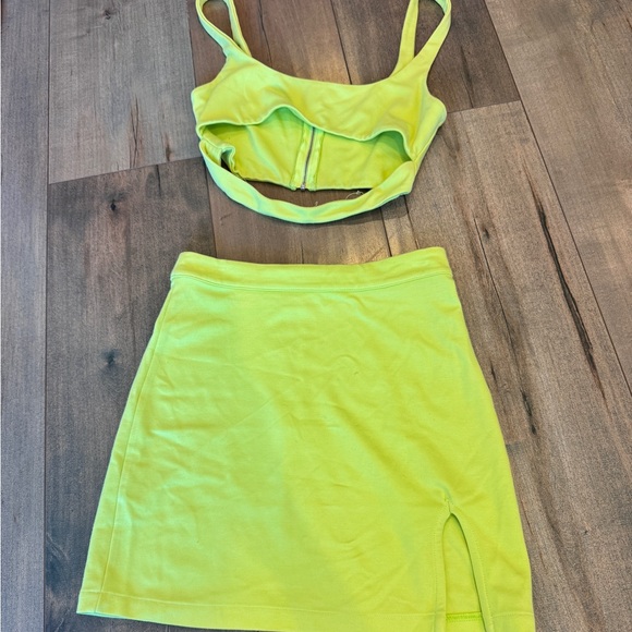 h:ours Neon Yellow Mini Skirt & Crop Top